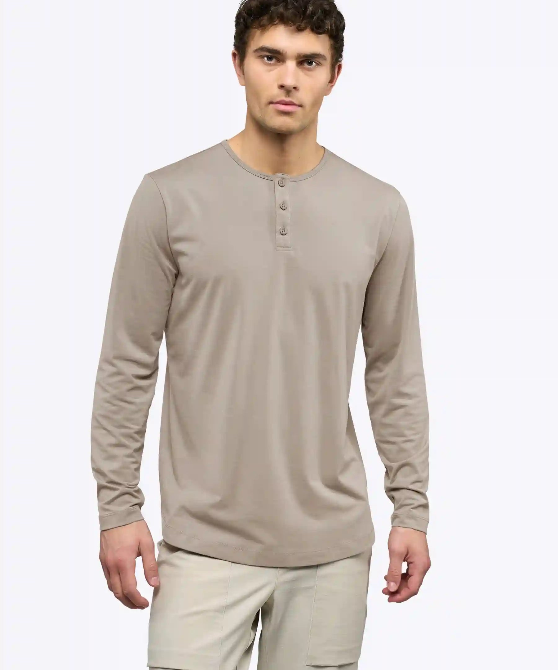 AO Long Sleeve Henley Curve-Hem Tee | Pure Cashmere Signature-Fit PYCA Pro®
